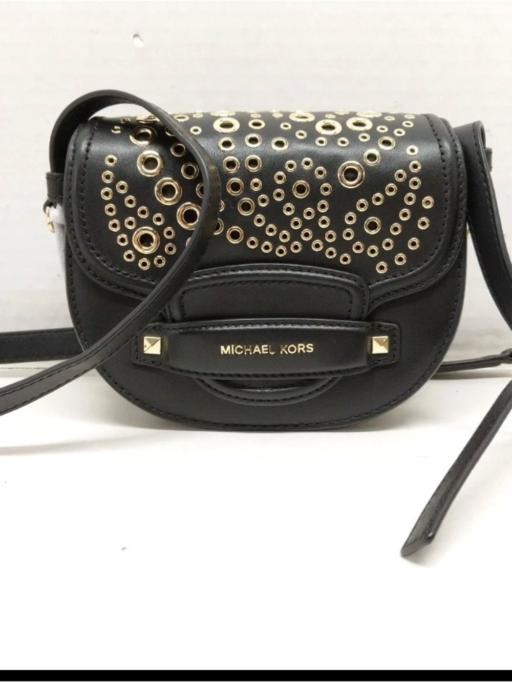 Michael Kors Black Leather Crossbody with Gold Grommet Accents